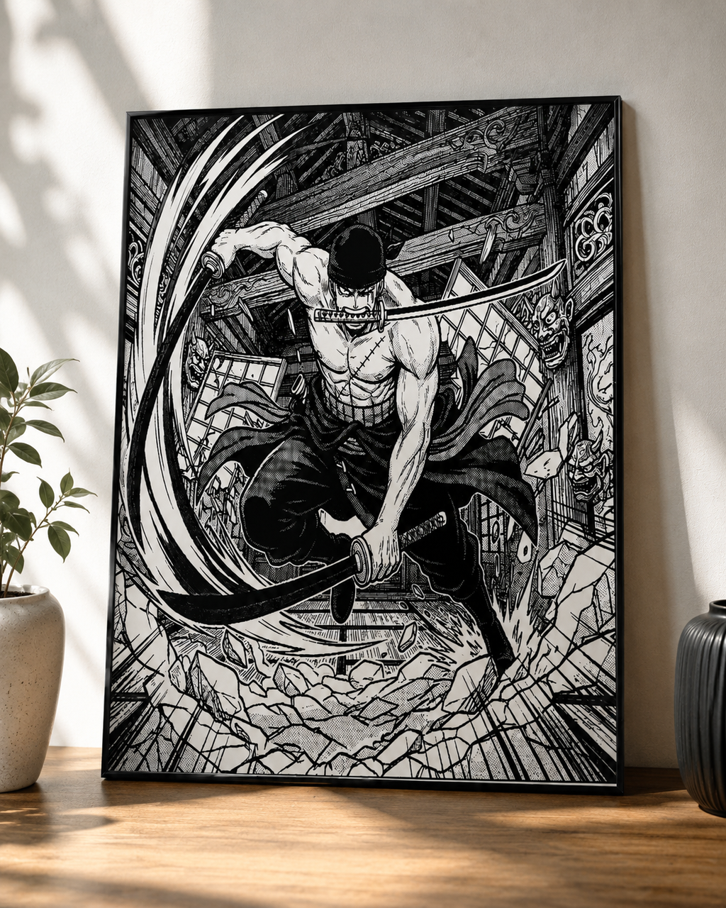 Tableau Zoro posé sur un meuble en bois, lumière naturelle