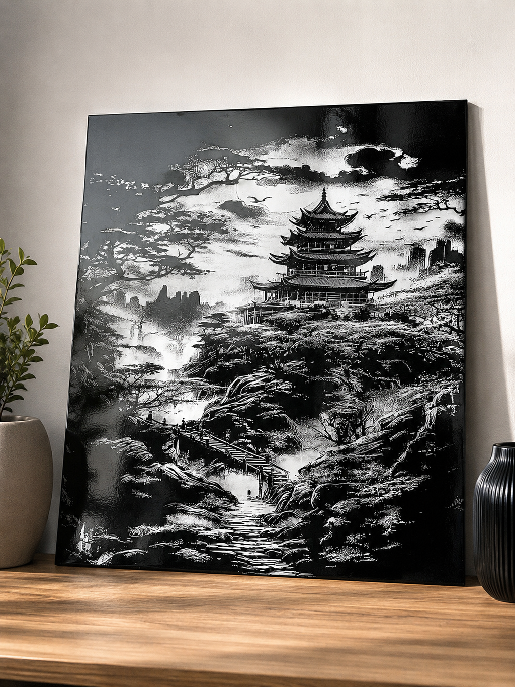 Tableau Temple Impérial en céramique gravée au laser, vue de trois quarts