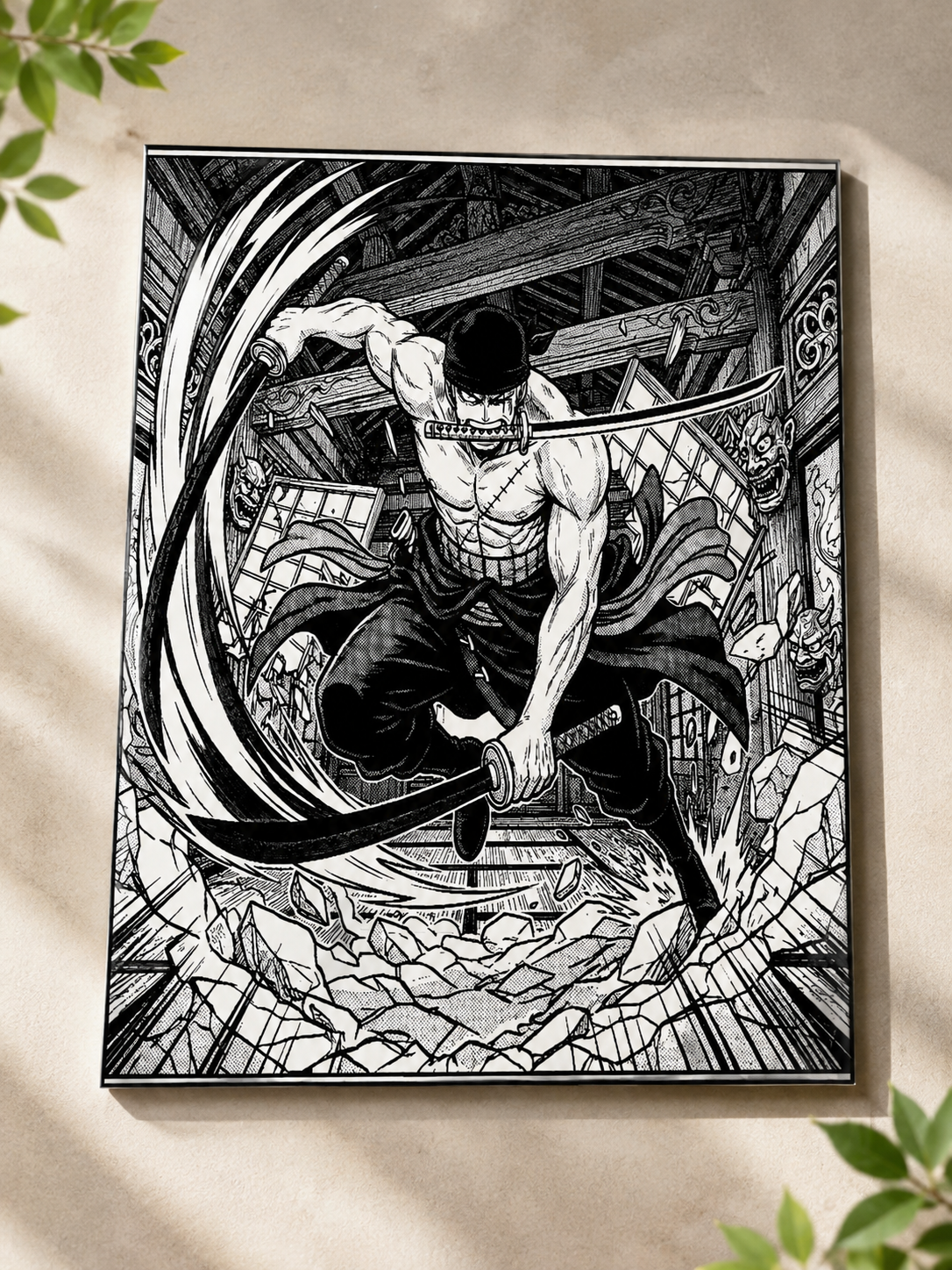 Tableau Zoro en céramique gravée au laser, accroché à un mur clair
