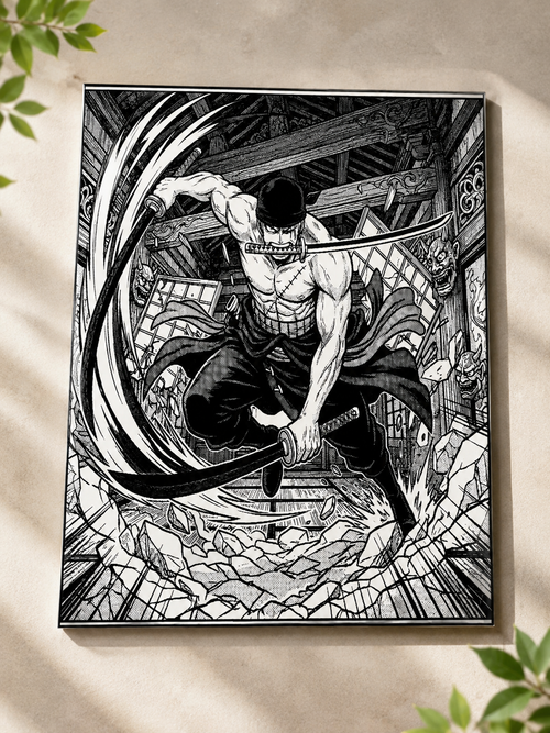 Tableau Zoro en céramique gravée au laser, accroché à un mur clair