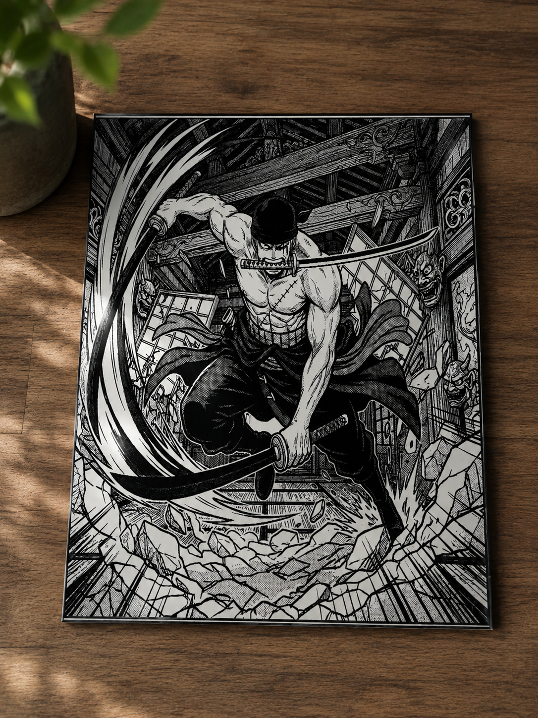 Tableau Zoro, sabreur gravé au laser en noir et blanc sur céramique